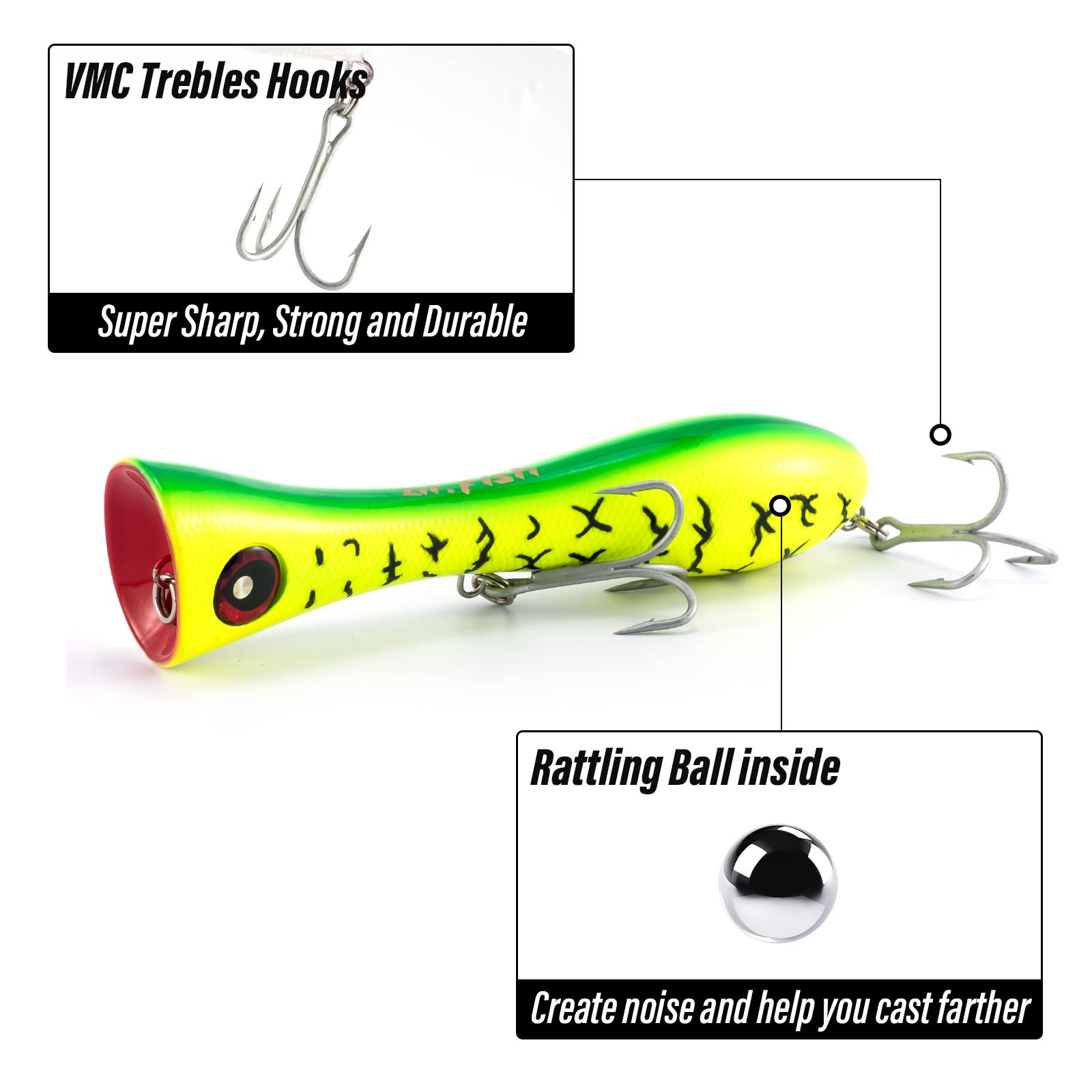 Dr.Fish 8-Inch Topwater Popper Saltwater Fishing Lure with VMC Treble Hooks - GT Popper Surf Fishing Lure for Striper, Tuna & Bluefish - Pencil Popper Offshore Fishing Plug - Ideal for Surf Casting, Trolling & Saltwater Game Fishing