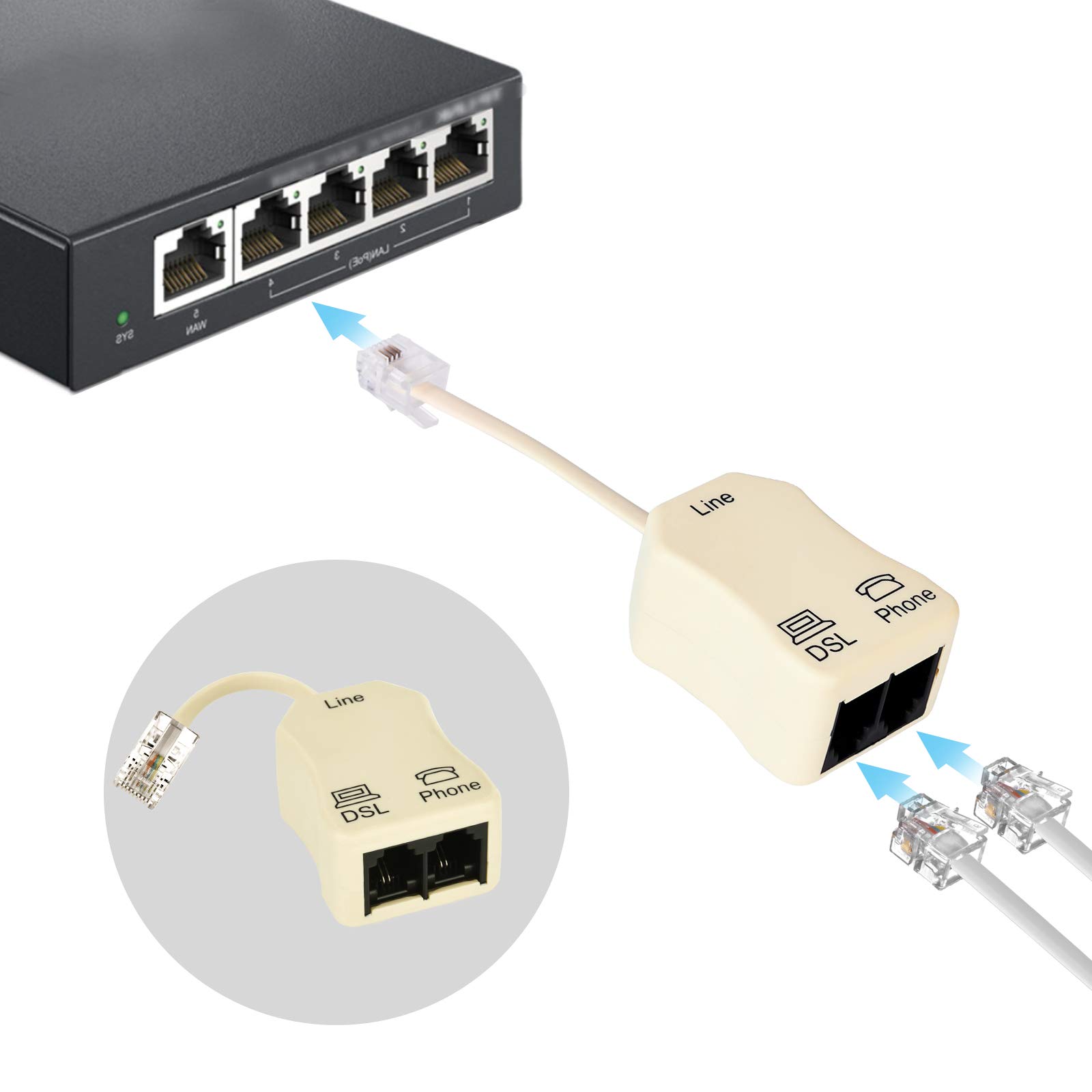 Phone Jack Splitter - In-Line DSL Splitter Filter for Home & Office Phone Lines (1 Pack) - Perfect for Internet & Landline Simultaneous Use