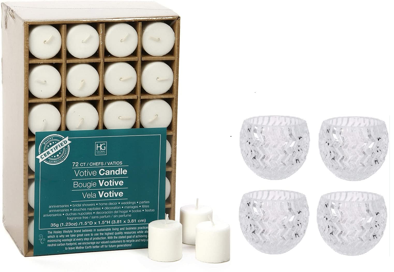 Hosley’s 72-Pack White Unscented Votive Candles & 4-Piece Clear Glass Tealight Holders (3.78 Inch Diameter) – Perfect for Weddings, Parties, Home Decor, and Romantic Ambiance