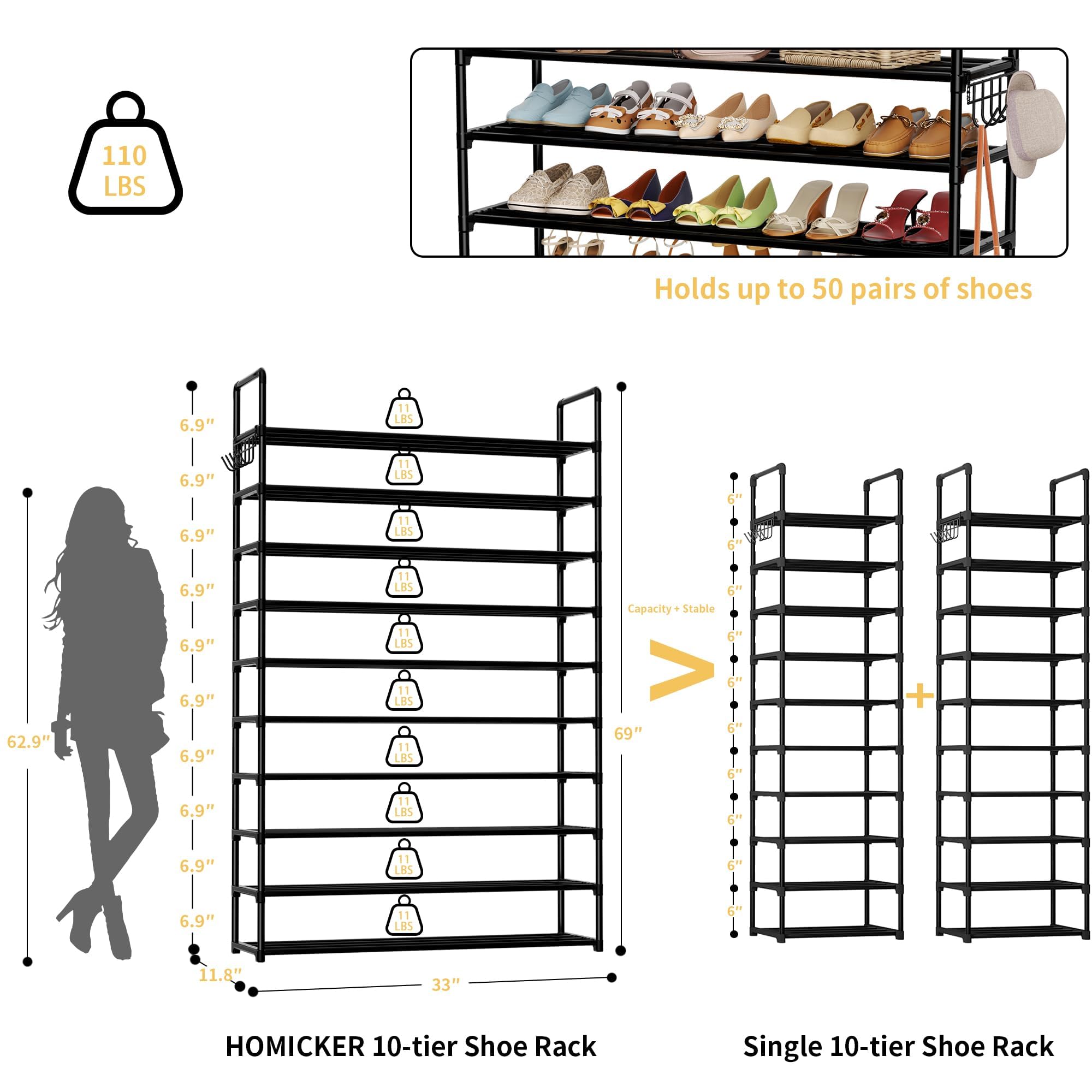 10-Tier Shoe Organizer - Large Metal Shoe Rack with Hooks Holds 40-50 Pairs | Space-Saving Closet Storage | Perfect for Entryway, Bedroom, Garage & Dorm Organization | Heavy Duty Shoe Shelf for Sneakers, Boots & Heels