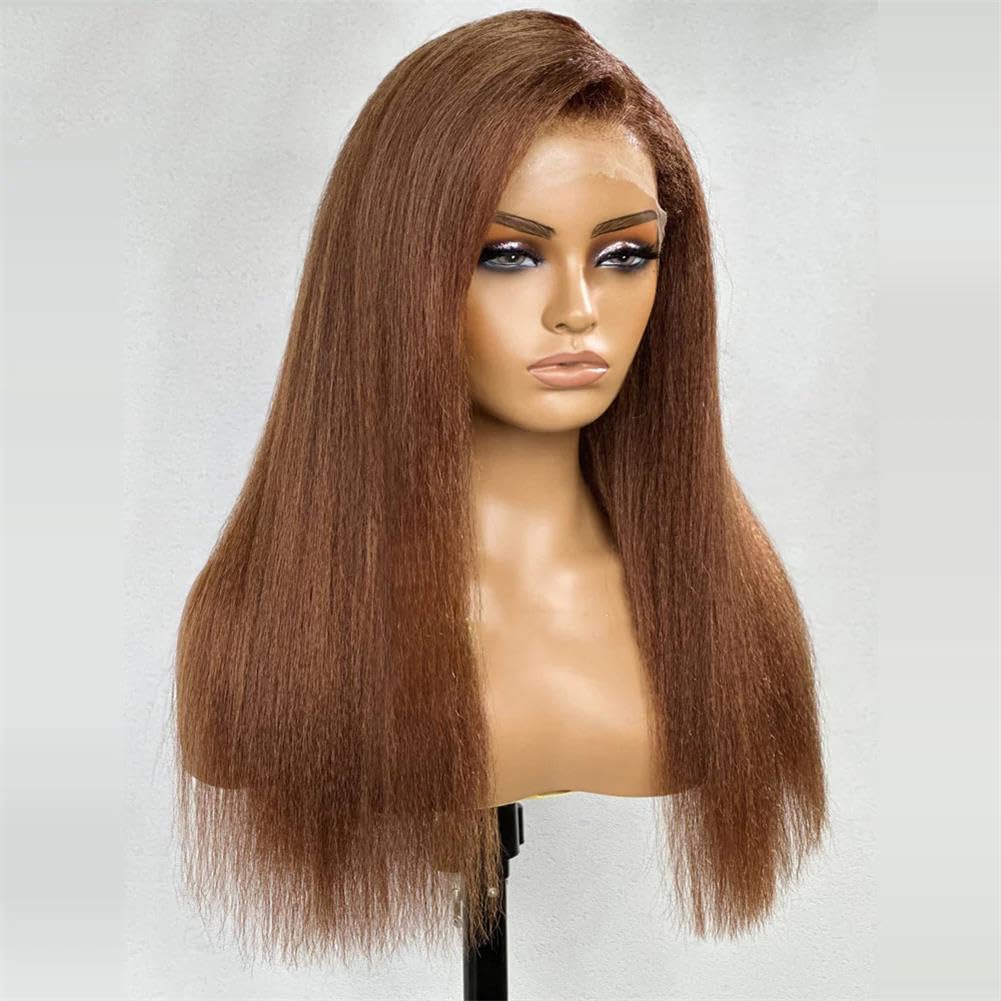 13x4 Brown Kinky Straight Lace Front Wig | 180% Density Brazilian Remy Human Hair | Pre-Plucked with Baby Hair | 22 Inch Yaki Straight Wig for Black Women | Perfect for Daily Wear, Parties & Special Occasions