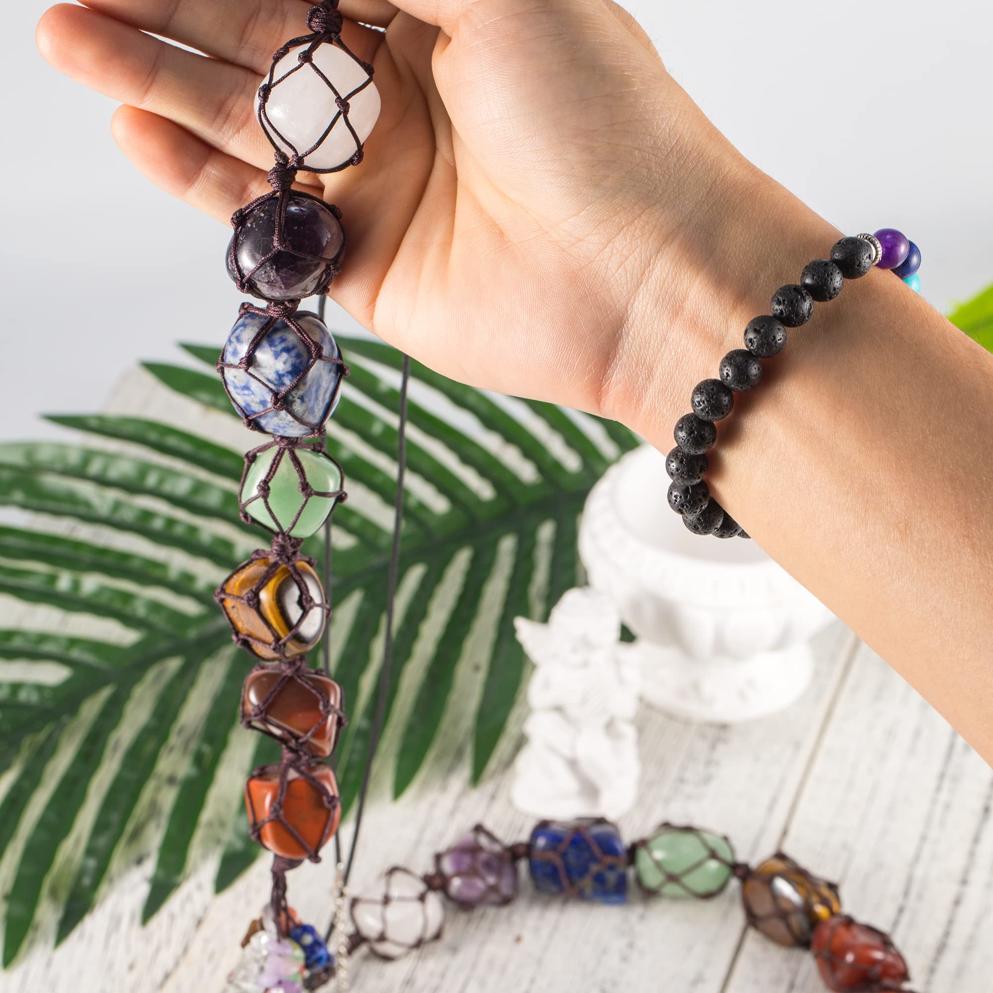 7 Chakra Crystal Car Hanging Ornament - Tree of Life Feng Shui Decor for Rearview Mirror, Home & Office (Set of 3) - Positive Energy & Stress Relief for Meditation, Yoga & Daily Commute