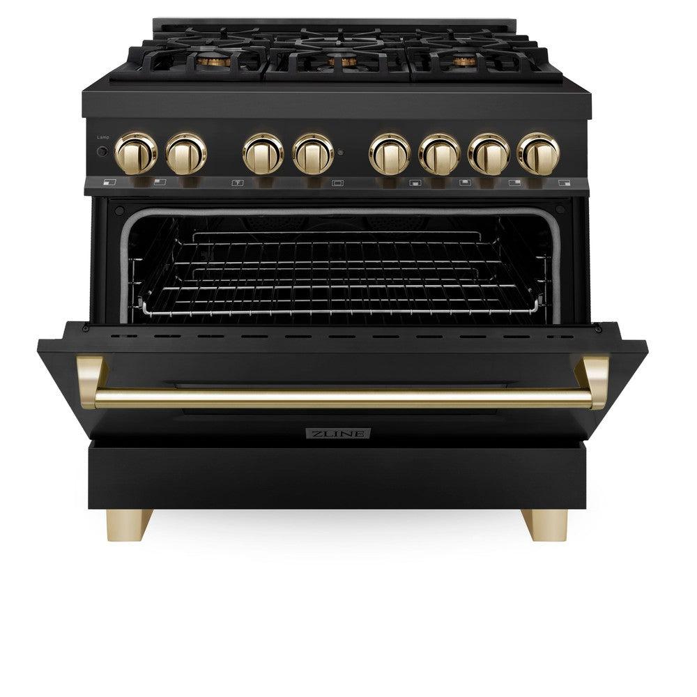 ZLINE RABZ 36 G 36-Inch Dual Fuel Range - 4.6 cu. ft. Black Stainless Steel with Gold Accents - 6 Burner Gas Cooktop & Electric Convection Oven - Professional Kitchen Appliance for Home Chefs & Cooking Enthusiasts