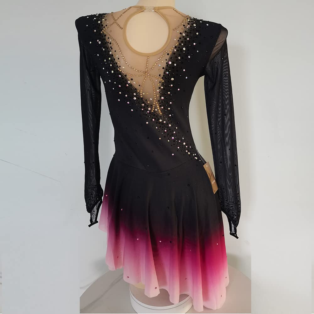 LIUHUO Black Figure Skating Skirt with Rose Red Gradient Mesh & Hook Sleeve - Elegant Performance Skirt for Girls | Perfect for Ice Shows, Competitions & Dance Routines