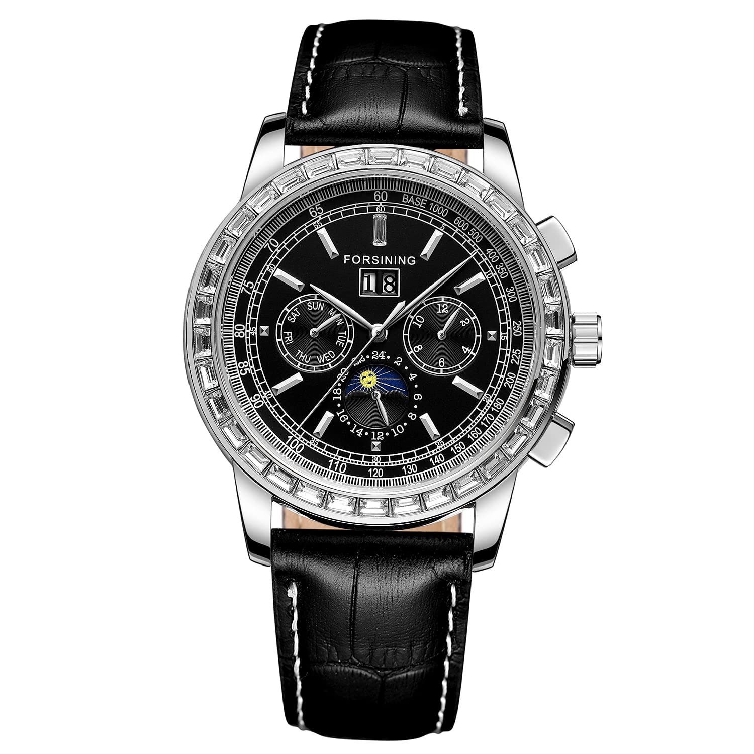 FORSINING Men's Waterproof Automatic Diamond Analog Watch - Genuine Leather Strap with Moon Phase Display - Luxury Dress Watch for Business, Formal Events & Gifts
