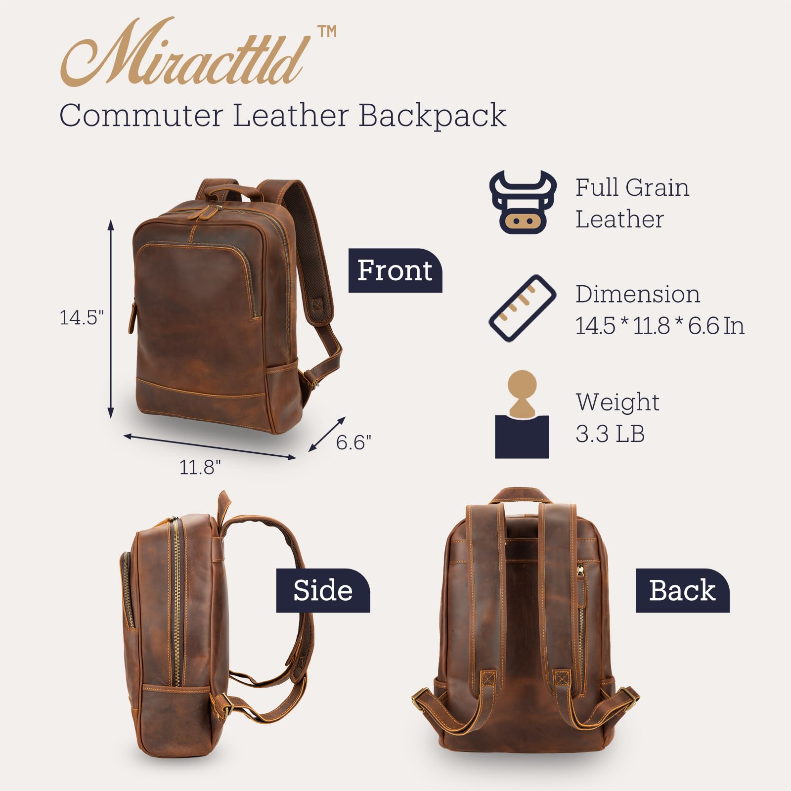 Premium Genuine Leather Backpack for Men - 15.6 Inch Laptop Business Backpack - 100% Top-Grain Madagascar Leather - Dark Brown Medium Size - Perfect for Work, Travel & College Commute