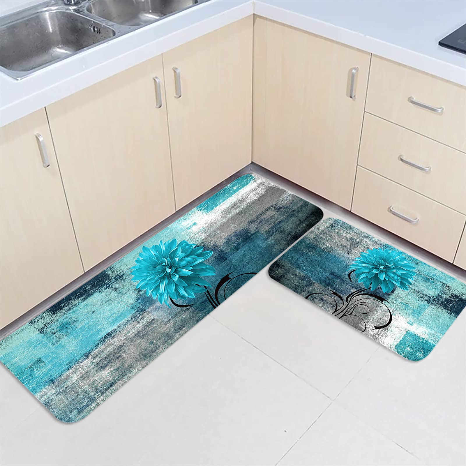 Teal Dahlia Floral Gradient Oil Painting Non-Slip Kitchen Mats - 2PC Set | Watercolor Flower Design Absorbent Floor Rugs for Bathroom, Living Room & Entryway | Comfort Standing Mats for Home Decor & High-Traffic Areas