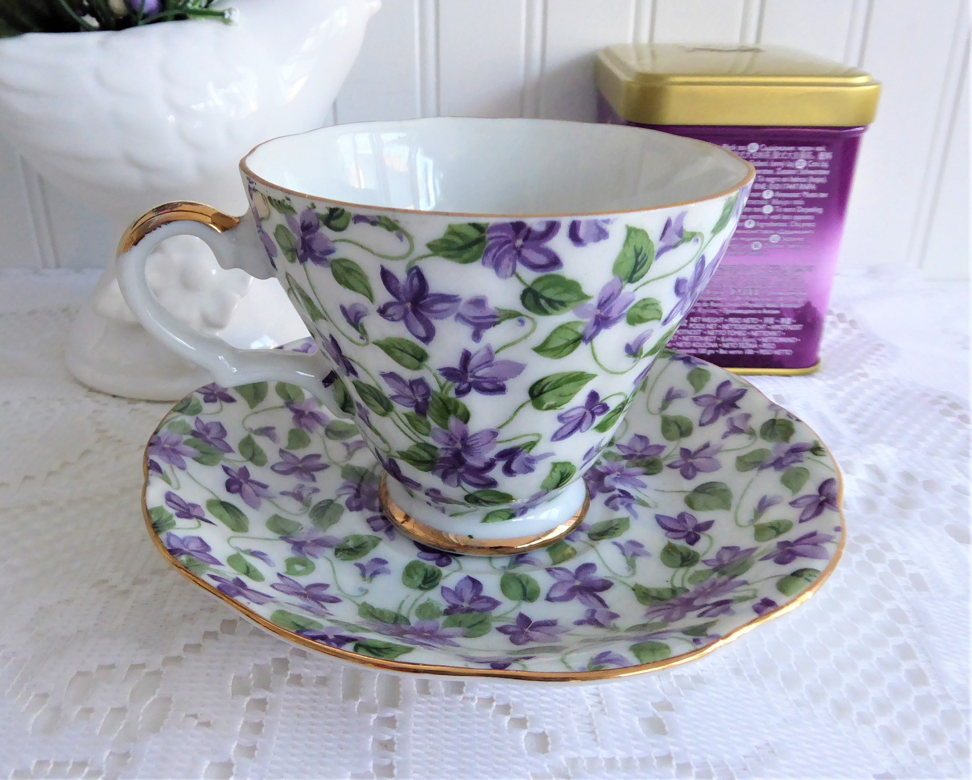 Vintage Lefton Pretty Violets Chintz Tea Cup and Saucer Set - Floral Pedestal Cup with Saucer from 1950s | Perfect for Afternoon Tea, Collectible Display, and Vintage Home Decor