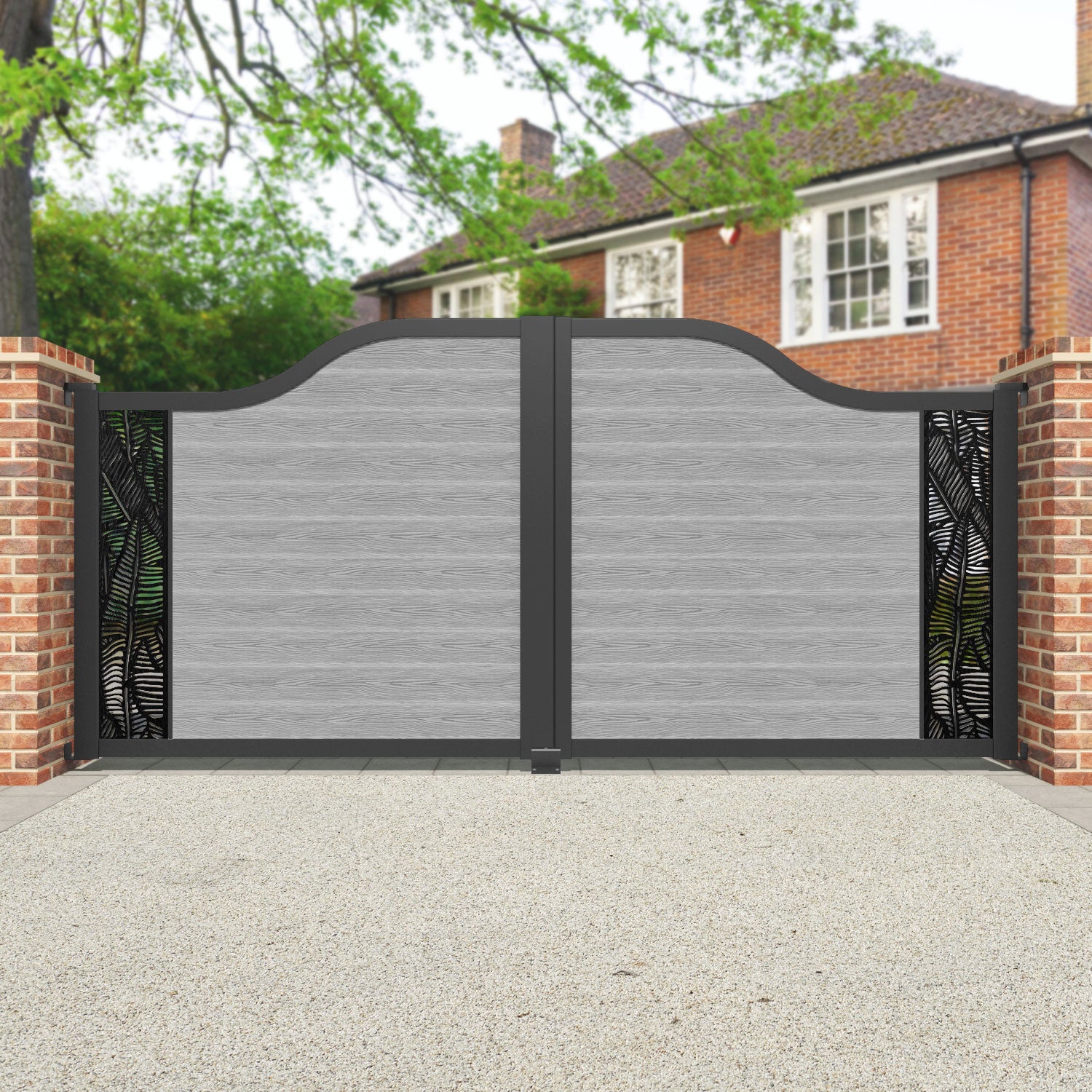 Classic Feather Curved Top Driveway Gate - Light Grey Metal Garden Gate for Home Security & Privacy | Perfect for Driveway Entrance, Backyard Fence, and Property Boundary