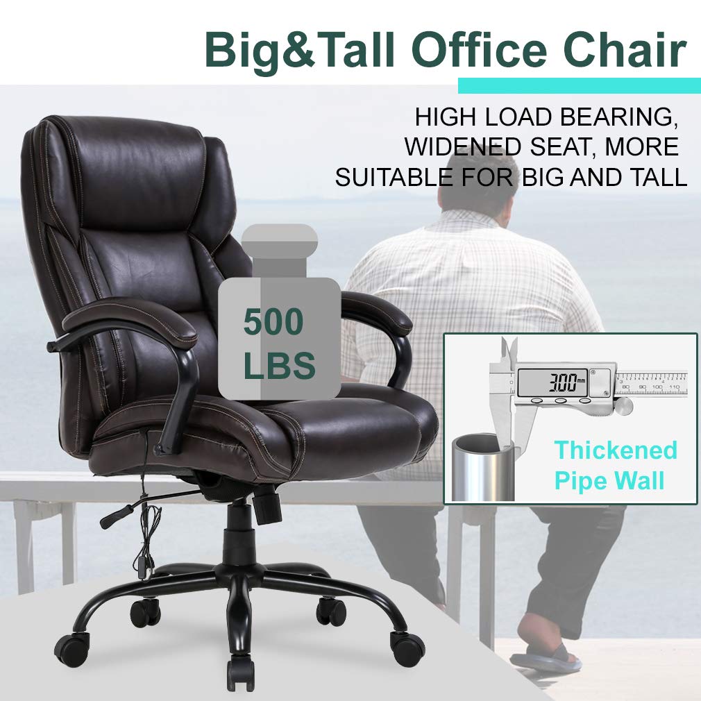 Big and Tall Office Chair 500lb Capacity - Extra Wide Seat Ergonomic Computer Chair with Massage, Adjustable Headrest & Lumbar Support - Heavy Duty PU Leather Executive Desk Chair for Women & Men - Perfect for Home Office, Gaming, and Long Work Sessions (Brown)