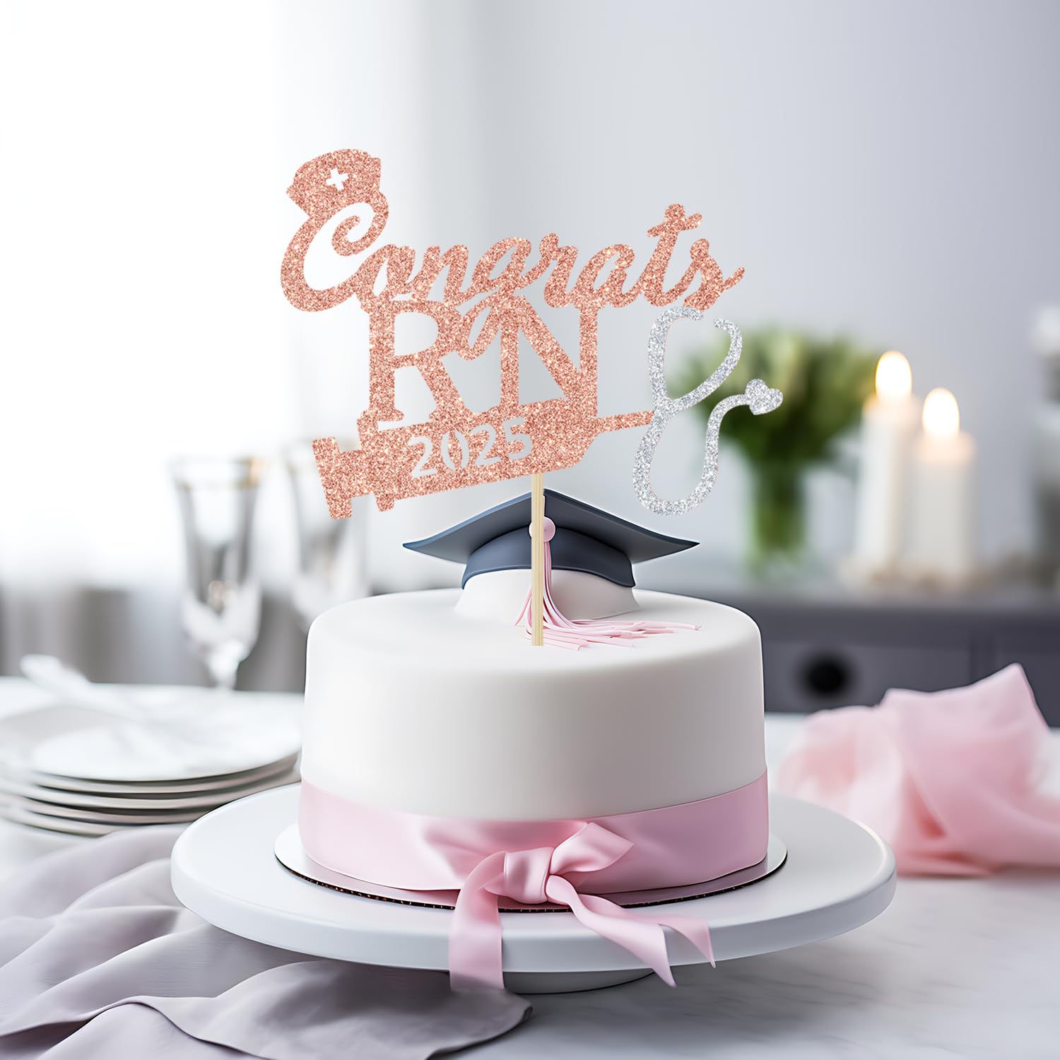 Rose Gold Glitter Congrats RN 2025 Cake Topper - 2025 Nursing Graduation Party Decorations, Nurse Graduation Photo Props for RN Graduates | Perfect for Nursing School Graduation Cakes, Nurse-Themed Parties & Graduation Photo Shoots