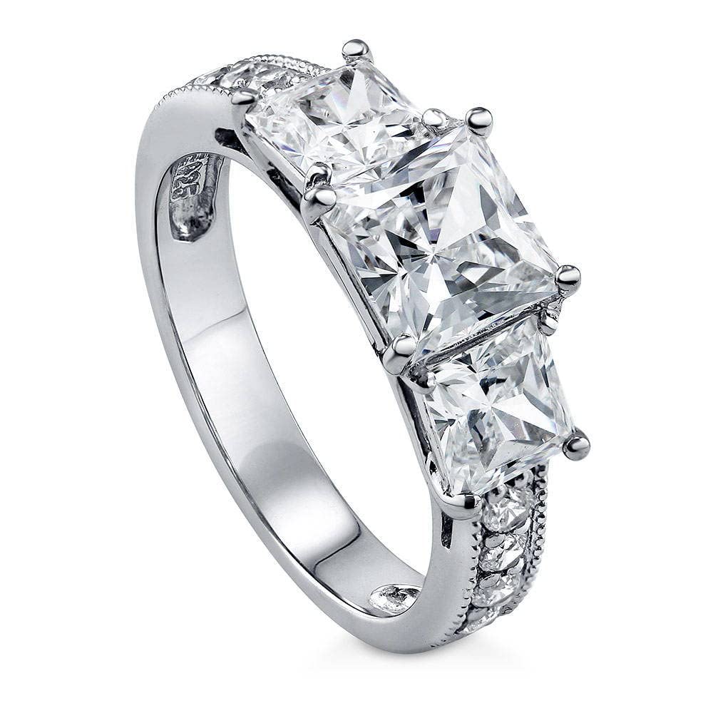 BERRICLE Sterling Silver 3-Stone Princess Cut Cubic Zirconia Engagement Ring for Women - 1.6 Carat CZ Promise Wedding Band, Rhodium Plated, Sizes 4-10 - Perfect for Proposals, Anniversaries & Special Occasions