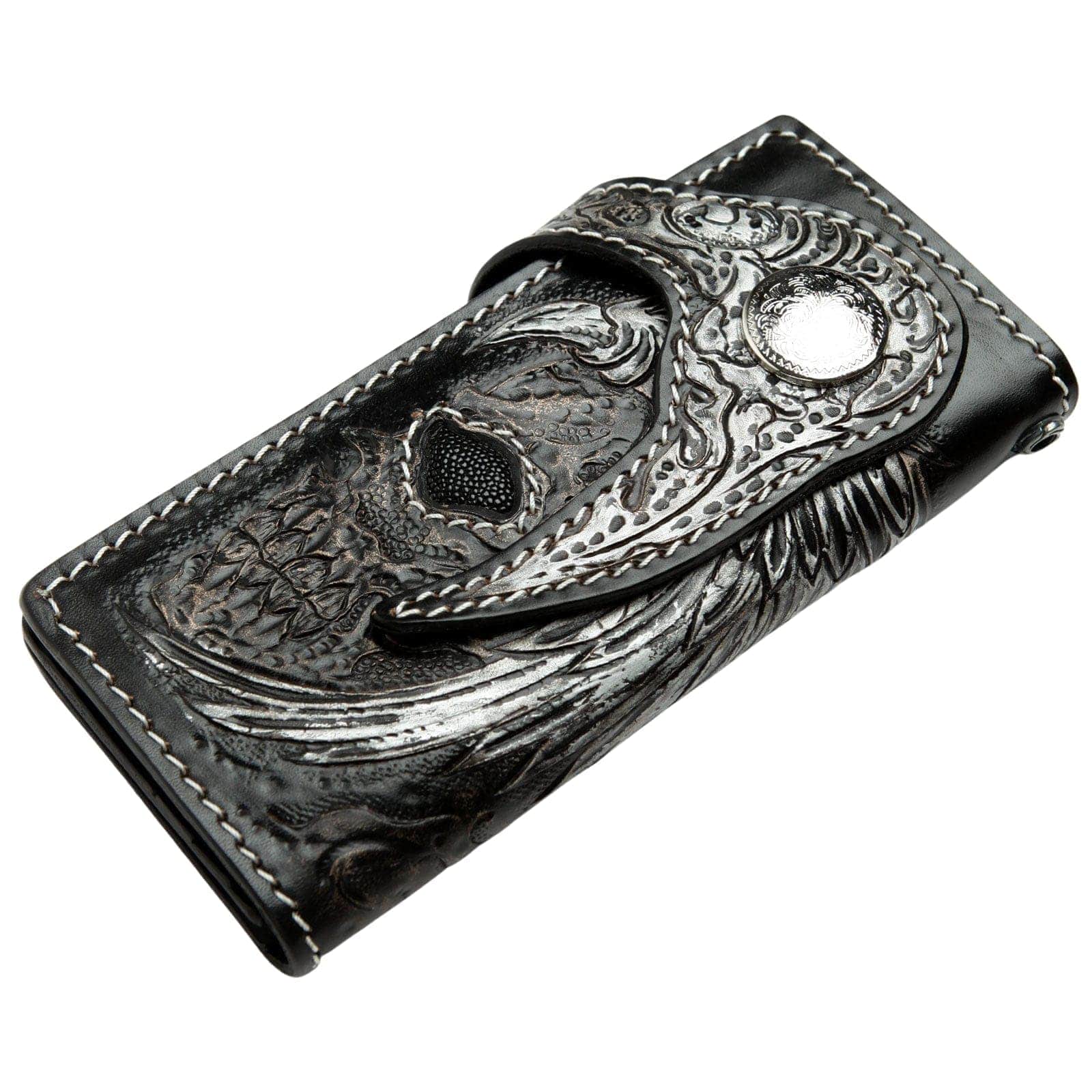 Genuine Leather Biker Wallet with Harley Indian Skull Design - Long Chain Motorcycle Wallet for Men - Perfect for Biker Rides, Motorcycle Shows & Everyday Use