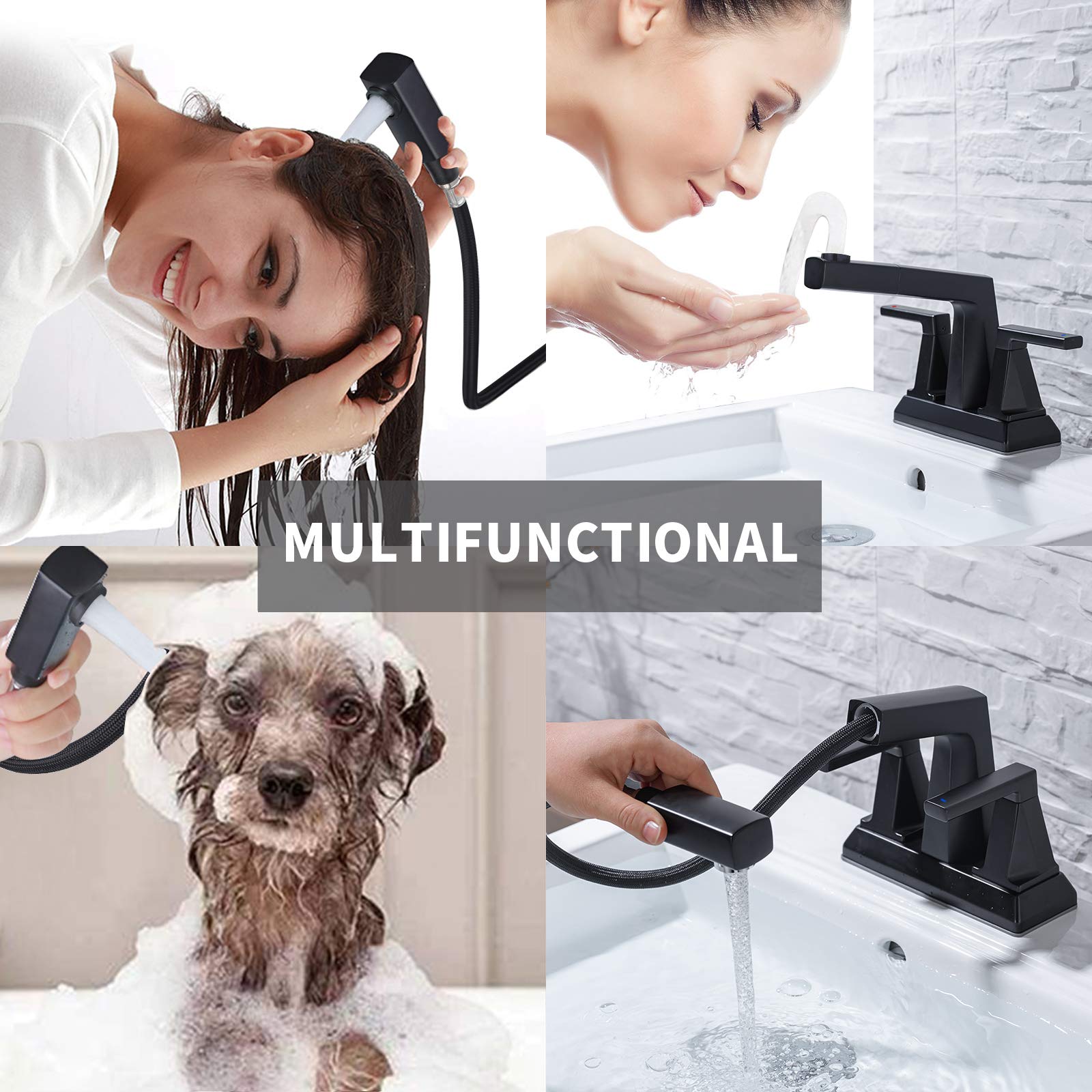 KAIYING 2-Handle Centerset Bathroom Sink Faucet - Black Modern 3-Hole Vanity Faucet with Pull-Out Sprayer, 4