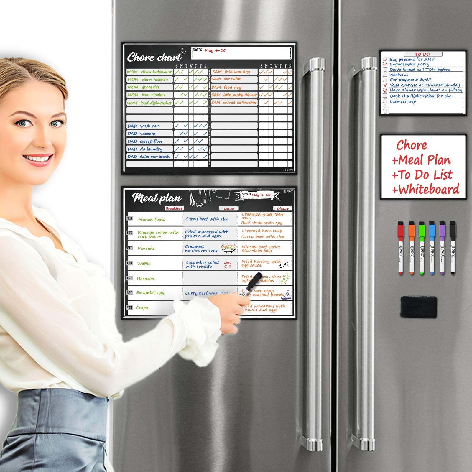 Dry Erase Whiteboard Combo Set - Magnetic Reward Chore Chart & Weekly Meal Planner with Bonus Grocery List & Notepad - Perfect for Home Organization, Classroom, and Office Planning