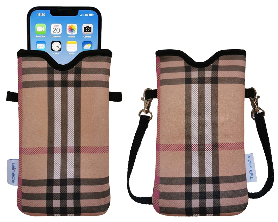 Tainada Neoprene Phone Sleeve Pouch with Adjustable Crossbody Strap & Neck Lanyard - Compatible with iPhone 16/15/14/13/12 Pro Max, Plus & Samsung Galaxy S22+/A53/Google Pixel 6 - Waterproof Protective Case (Camel Brown Plaid) for Outdoor Activities, Travel & Daily Commute
