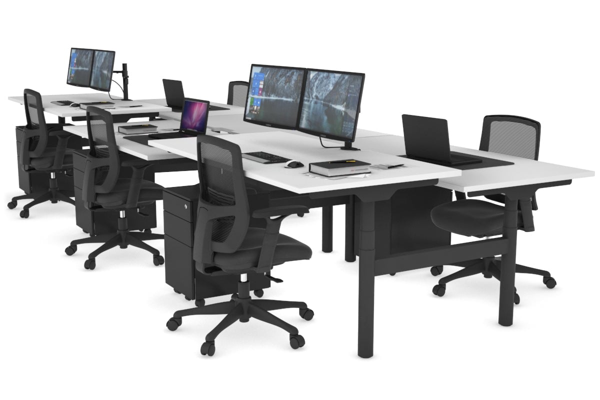 Flexi Premium Height Adjustable 6-Person H Bench Workstation - Black Frame [1800L x 800W with Cable Management] - Ideal for Office, Coworking Spaces & Home Offices