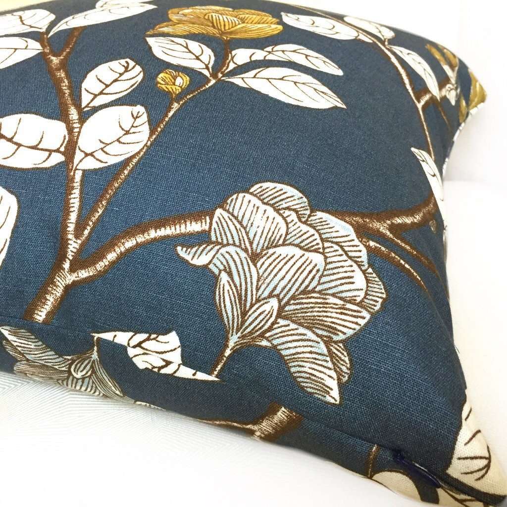 Dwell Studio Robert Allen Leda Peony Navy Blue White Yellow Pillow Cover - Decorative Throw Pillow Case for Sofa, Bed, Couch & Home Decor
