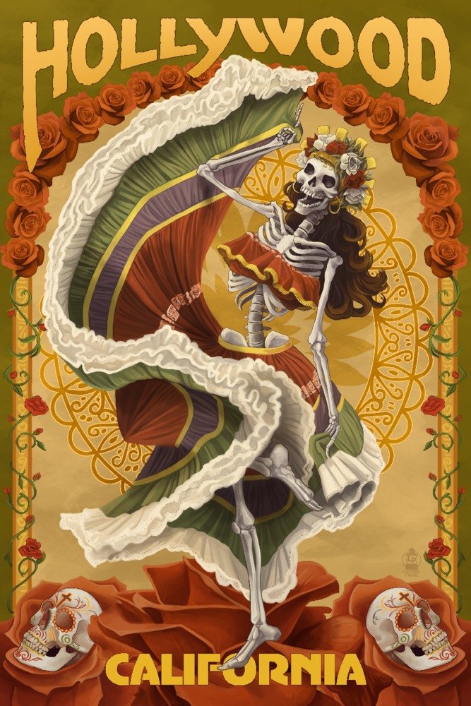 Day of the Dead Skeleton Dancing Wall Art Poster - 12x18 Inches Hollywood California Inspired Decor for Living Room, Bedroom & Office