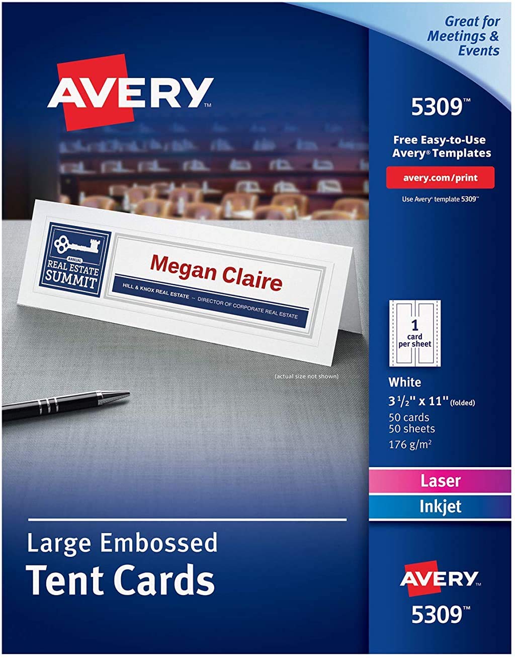 Avery Printable Large Tent Cards for Laser & Inkjet Printers - 50 Cards, 3.5 x 11 Inches (5309) - Perfect for Weddings, Events, and Business Meetings