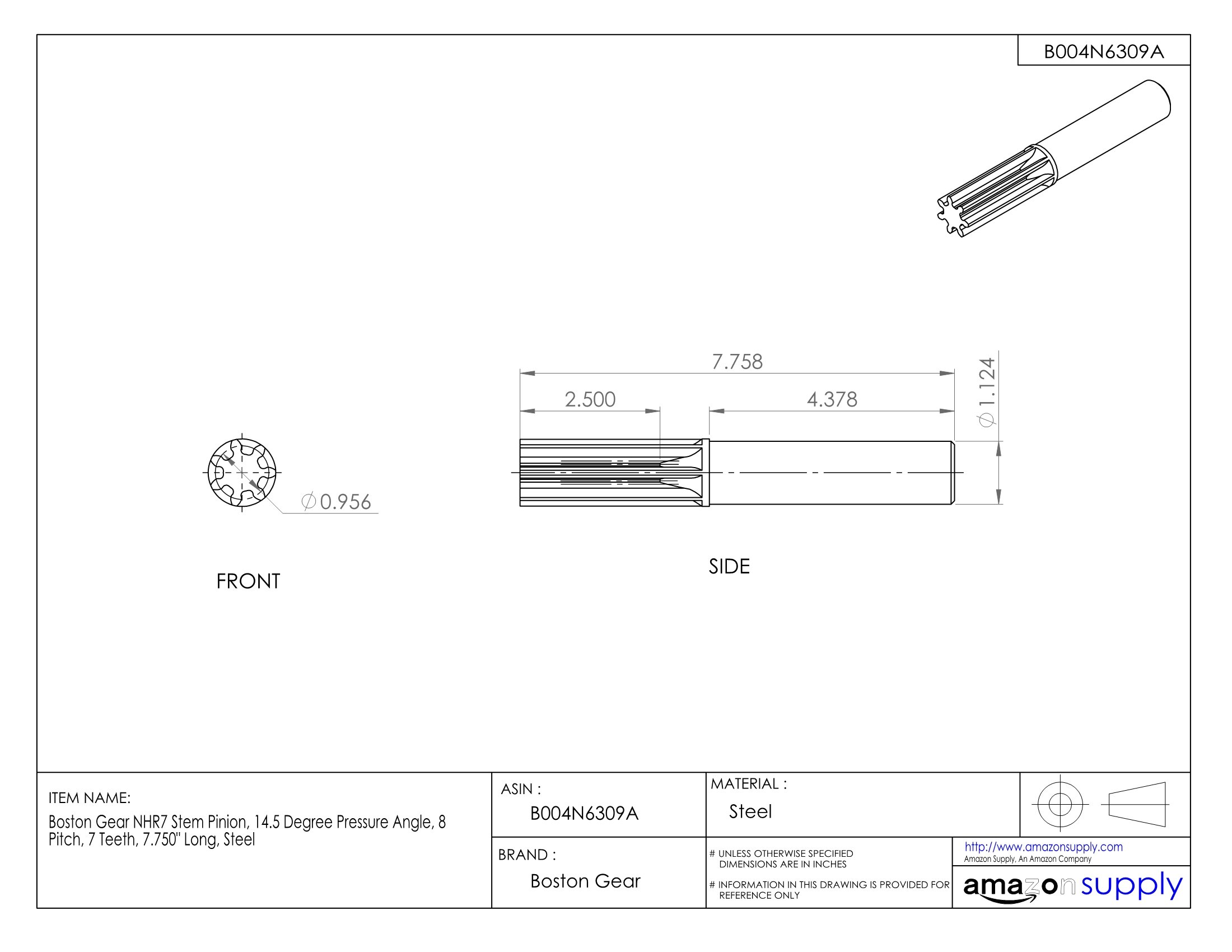 NHR7 Stem Pinion Gear - 14.5° Pressure Angle, 8 Pitch, 7 Teeth, 7.75
