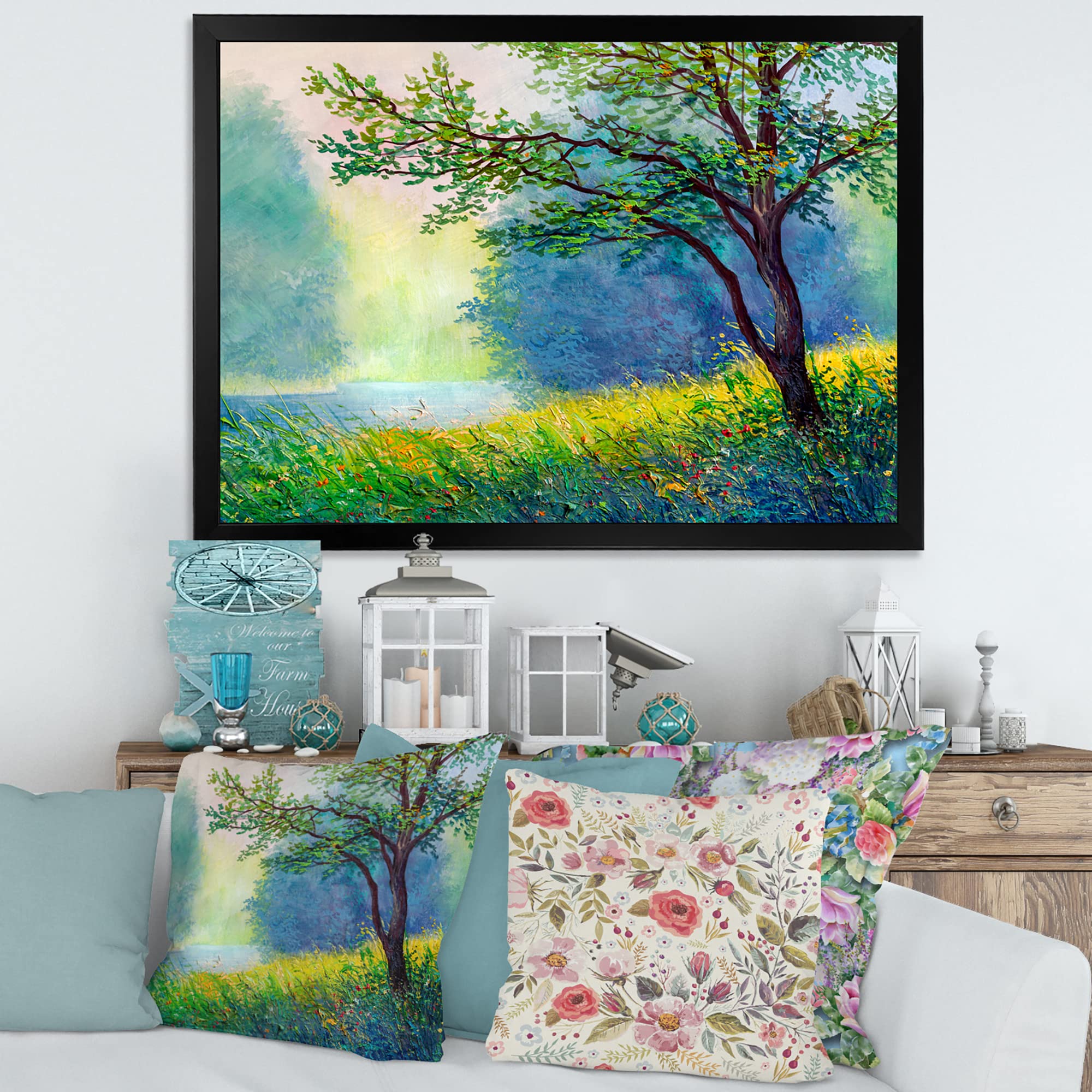 DesignQ Summer Forest With River and Waterfall Traditional Framed Wall Art - Nature Landscape Canvas Painting for Living Room, Bedroom & Office Decor