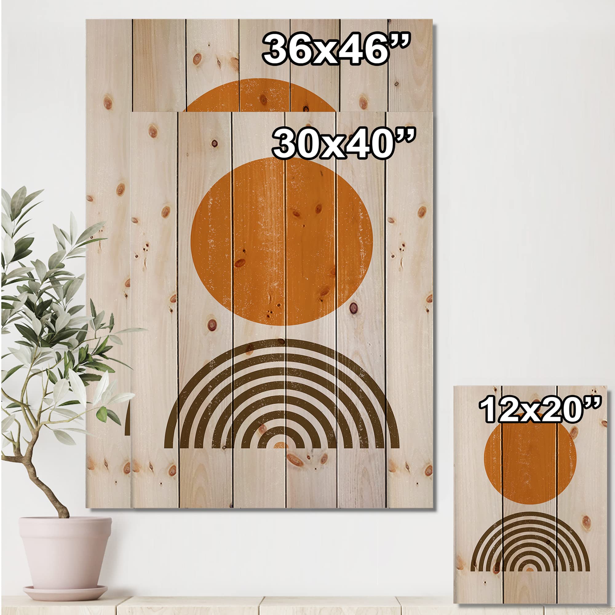 Abstract Minimal Orange Sun and Rainbow Wood Wall Art - Modern Contemporary Geometric Wall Decor Printed on Natural Pine - Perfect for Living Room, Bedroom, or Office Decor