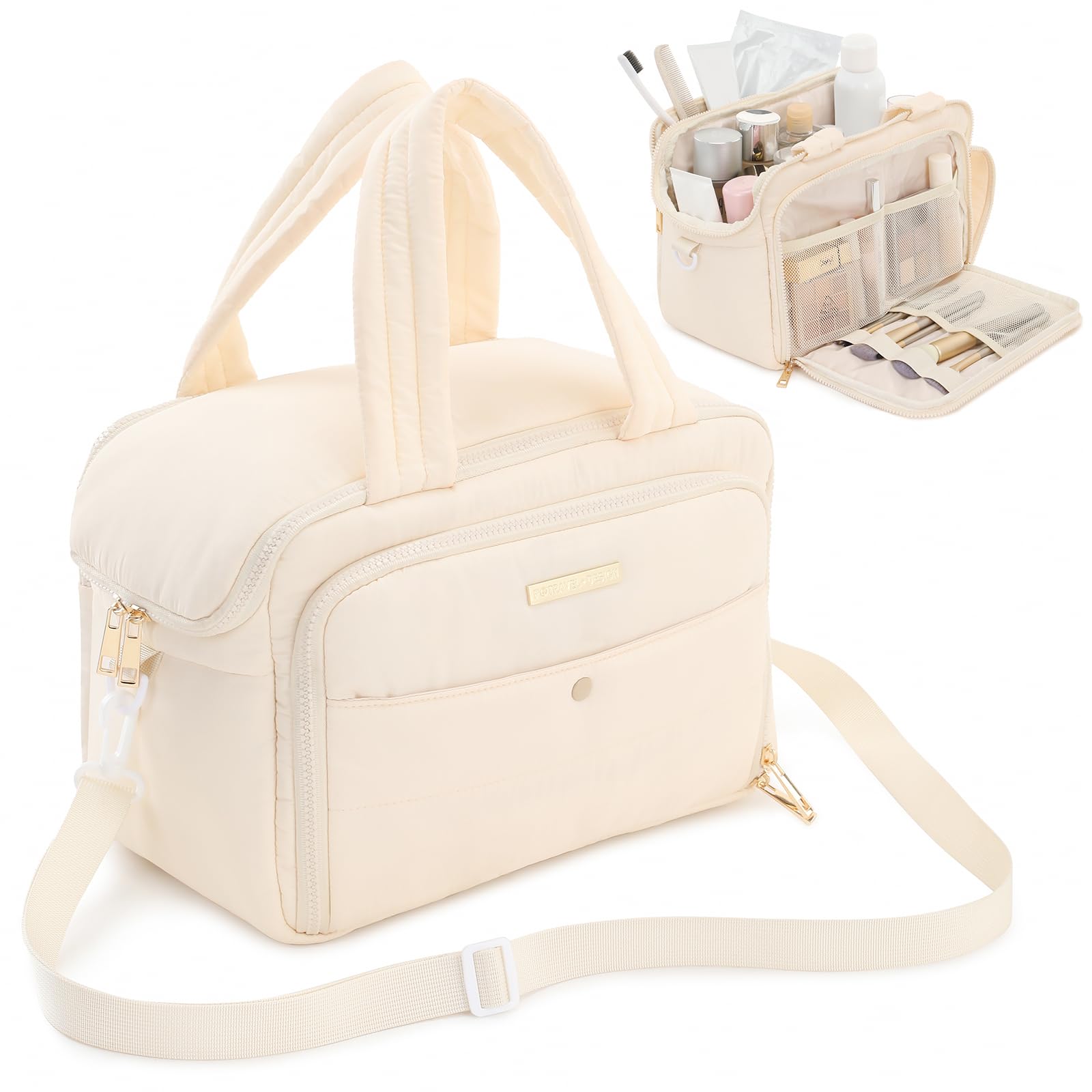 Premium Large Travel Toiletry Bag for Women - Waterproof Cosmetic Organizer with Wide Handle & Adjustable Shoulder Strap, XL Makeup Bag with Dry-Wet Separation - Ideal for Vacation, Gym, Business Trips & Daily Essentials (Cream)