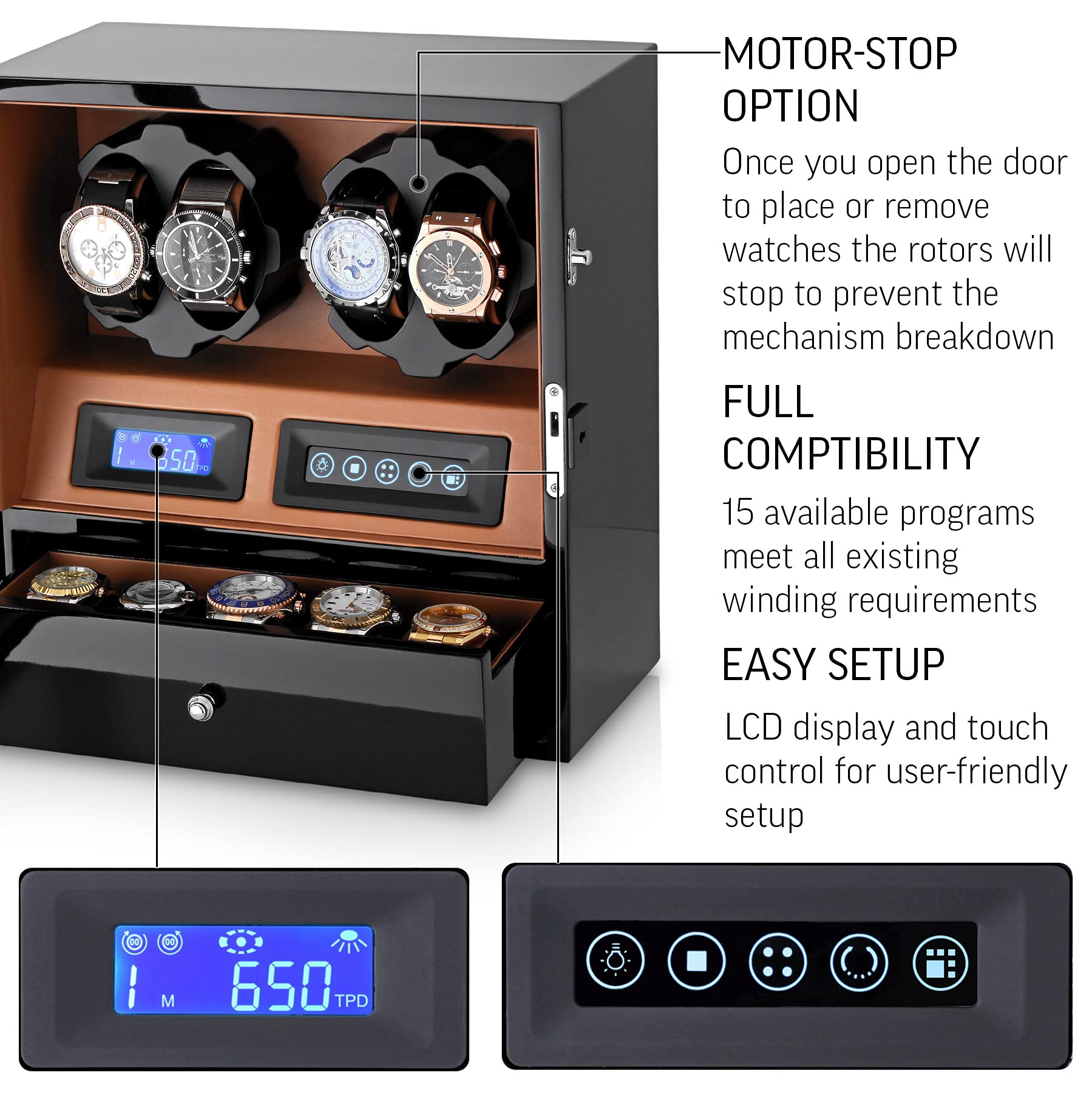 4 Watch Winder with 5 Watch Storage Space - Automatic Watch Winder Box with LCD Display, Touch Control & LED Light for Automatic Watches - Perfect for Watch Collectors & Luxury Watch Storage at Home or Office