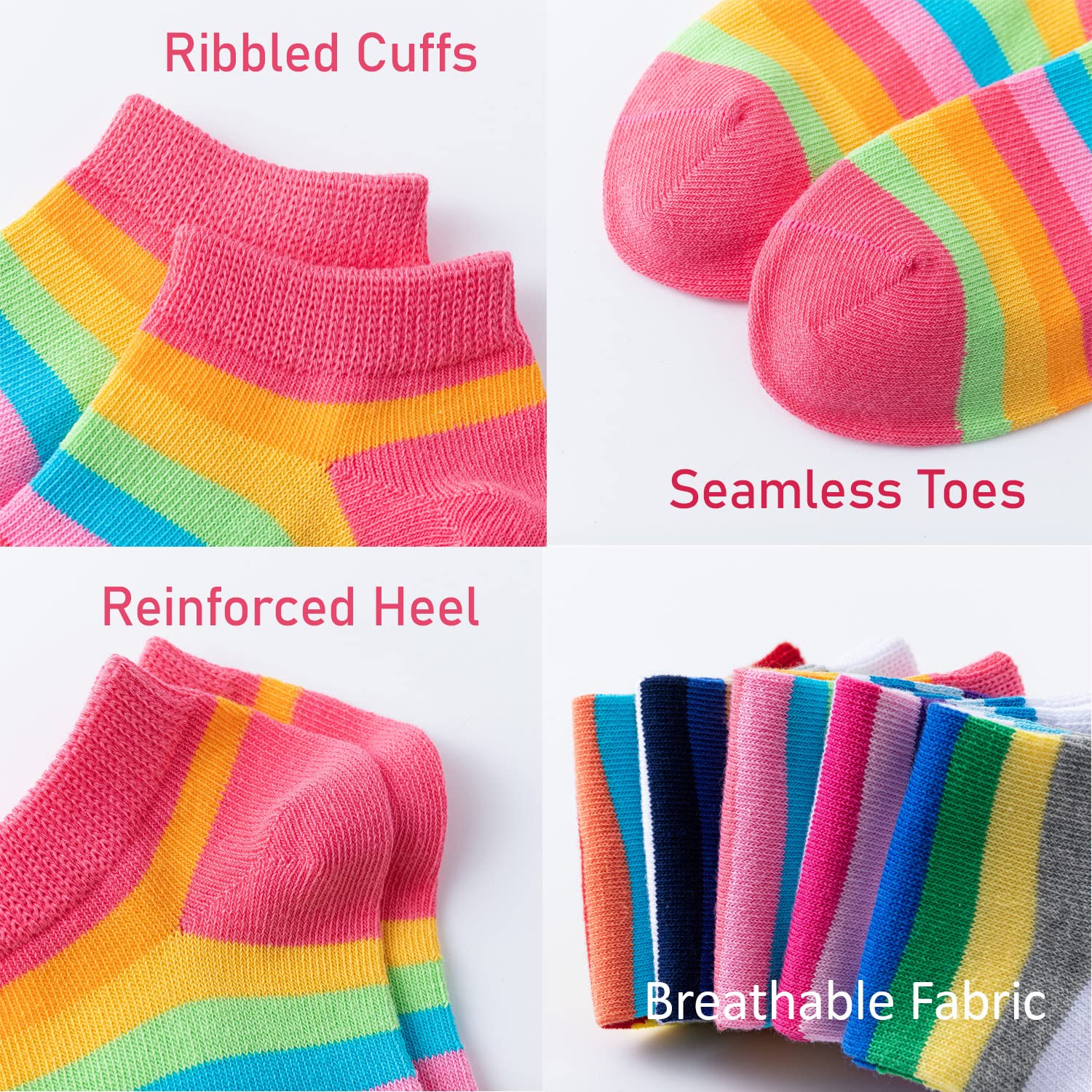 Marchare Girls Seamless Cotton Socks - 5 Pack Rainbow Striped Crew Socks for School, Play & Everyday Wear | Soft & Comfortable Kids Socks for Toddlers & Children