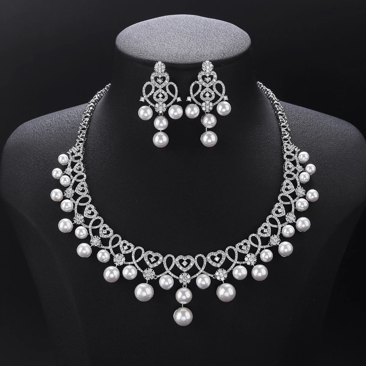 Elegant Heart-Shaped White Cubic Zirconia Pearl Necklace Set for Women | Wedding, Party & Anniversary Jewelry Gift | CN11568 | Perfect for Bridal Accessories, Date Nights & Special Occasions