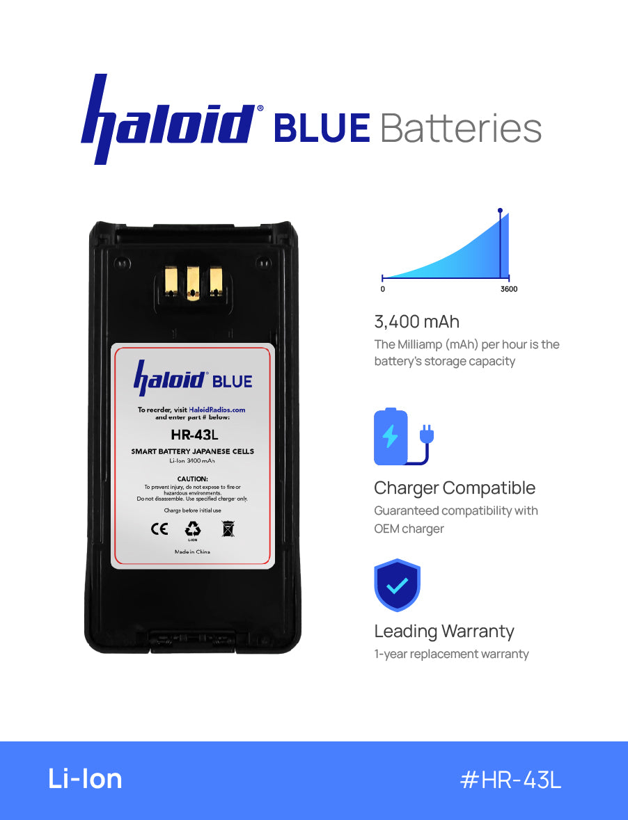 Haloid BLUE HR 43L Lithium Battery - Compatible with NX210, NX410, TK 2180, TK 3180, TK 5210, TK 5310 Radios - Long-Lasting Power for Public Safety & Commercial Use