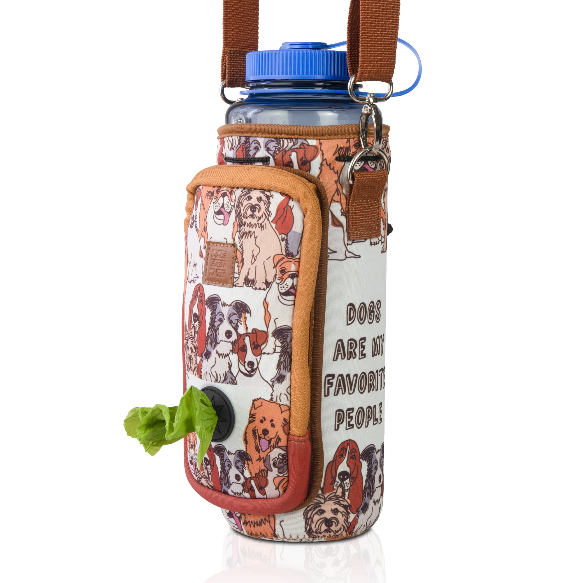 **Premium Adjustable Padded Shoulder Strap Water Bottle Carrier with Pocket for Dog Waste Bags – Tall & Large (40oz) Includes Bowl – Perfect for Hiking, Dog Walks & Outdoor Adventures (Brown, Dog Lover Gift)**