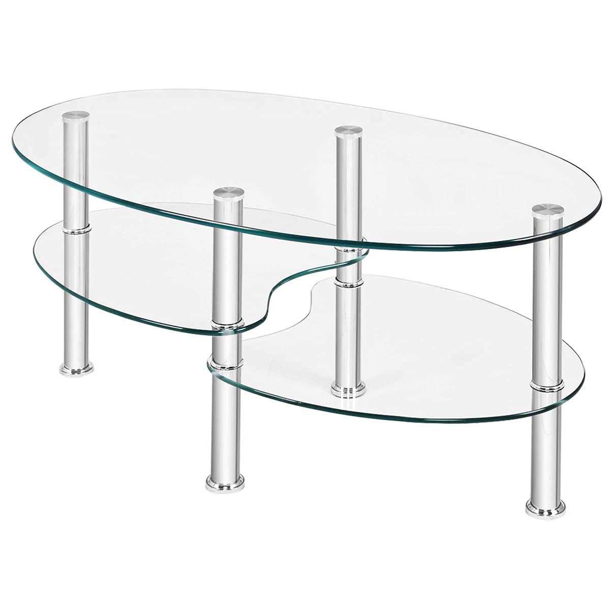Modern Oval Glass Coffee Table with Storage - POWERSTONE Stylish Center Table for Living Room, Apartment & Home Office | Perfect for Small Spaces, Entertaining Guests & Displaying Decor