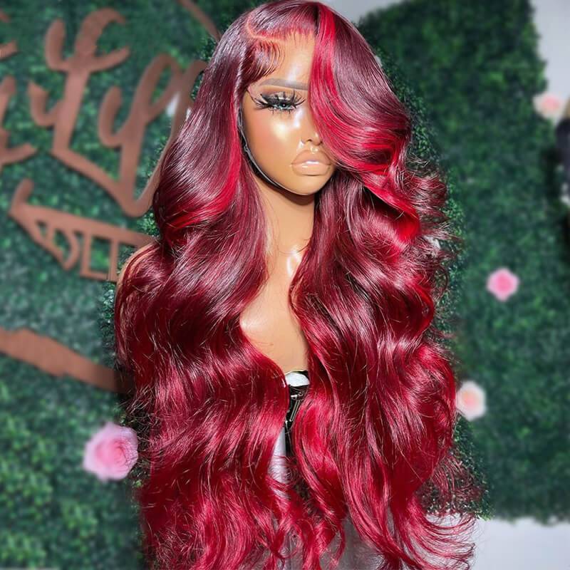 Eullair Burgundy Red Highlight Body Wave Human Hair Wig with Skunk Stripe & Transparent Lace Front - Perfect for Cosplay, Parties, and Daily Styling
