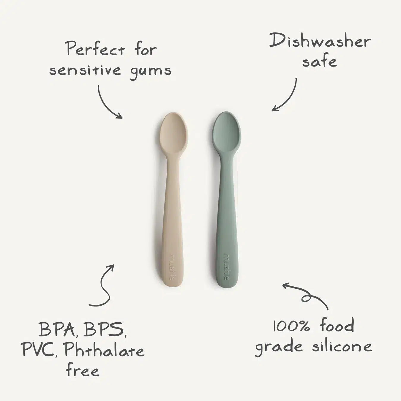 Mushie Silicone Baby Feeding Spoons - Soft, BPA-Free, 2 Pack - Perfect for Infants & Toddlers at Home or On-the-Go