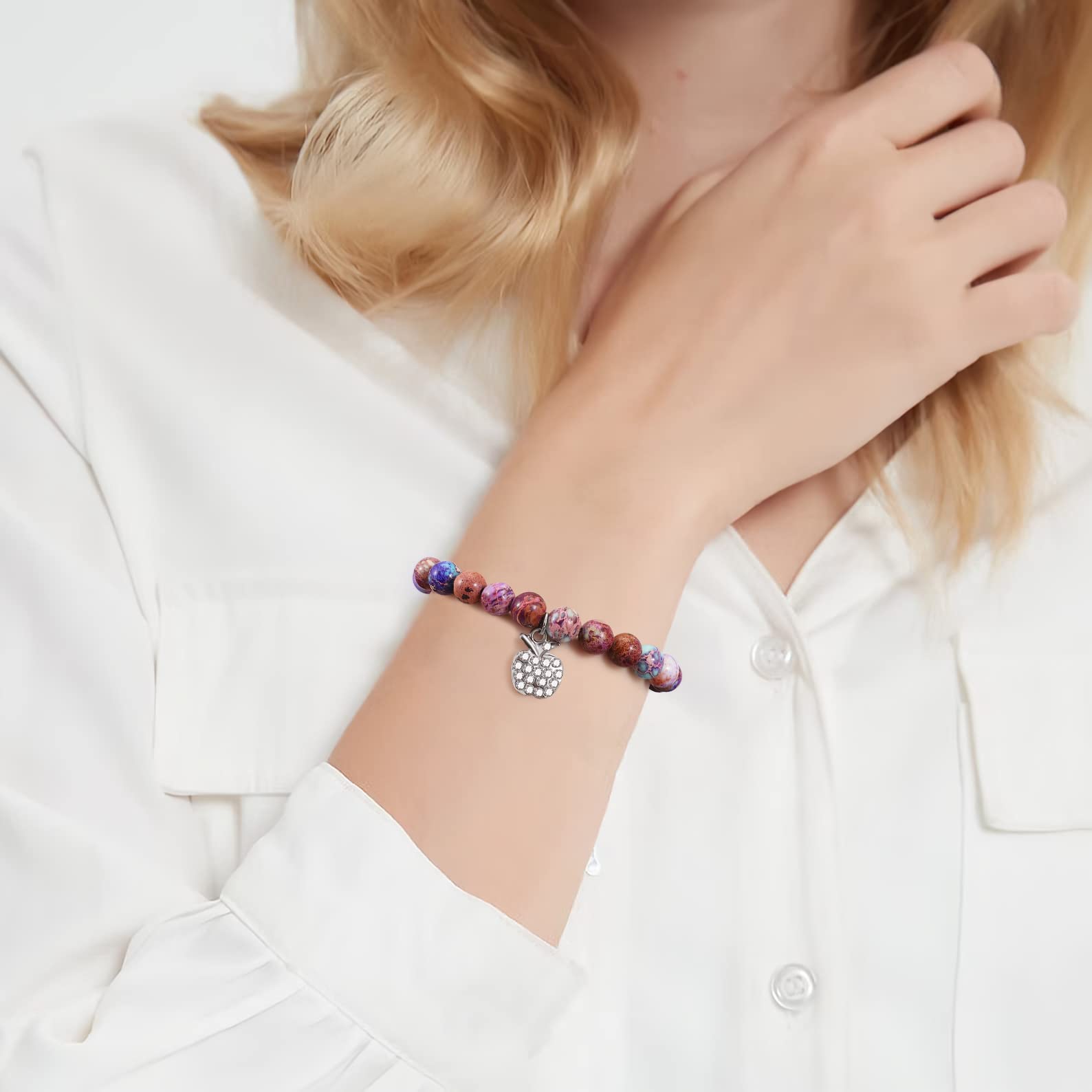Teacher Bracelet Gift for Women - Natural Stone Jewelry with Apple Bee Charm for Graduation & Appreciation