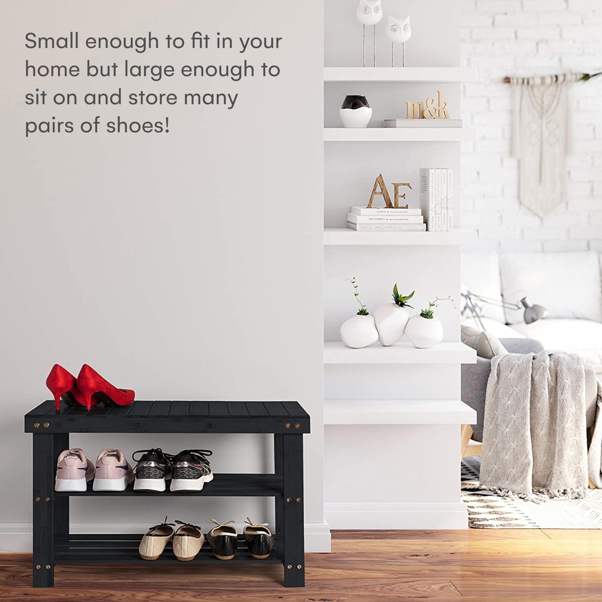 Premium 3-Tier Bamboo Shoe Rack Bench with Storage - Space-Saving Entryway Organizer for Hallway, Living Room or Bathroom - Sturdy Shoe Cubby & Entry Bench for Home Organization (Black)