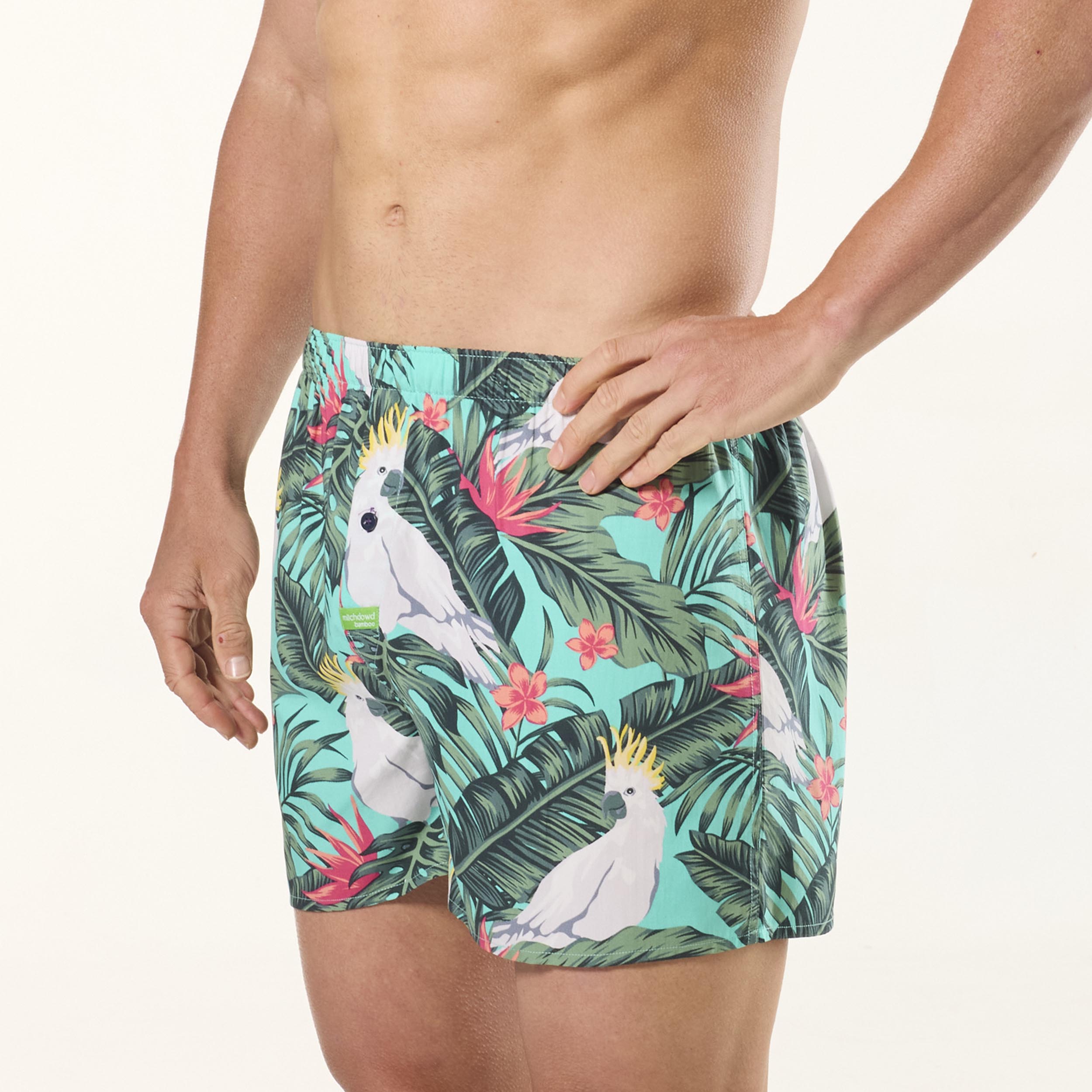 Men's Breathable Bamboo Boxer Shorts with Cockatoo Leaves Print - Comfortable & Eco-Friendly Underwear for Lounge, Sleep & Travel - Green