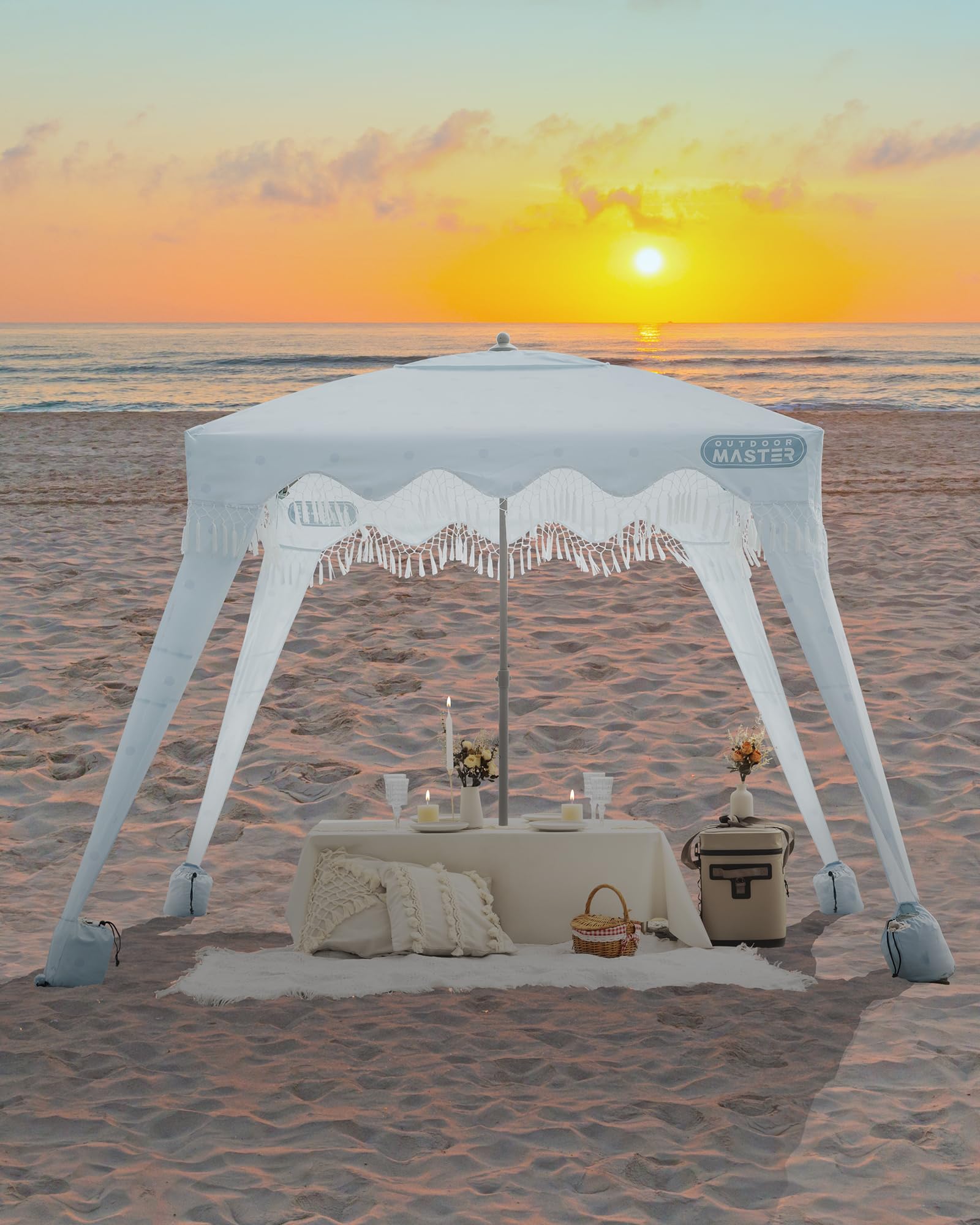 OutdoorMaster 6' x 6' Portable Beach Cabana with Fringe & Side Wall - UPF 50+ UV Protection Sun Canopy for Family, Kids & Friends - Easy Setup Beach Shelter for Picnics, Camping & Outdoor Activities - Wave Point Design