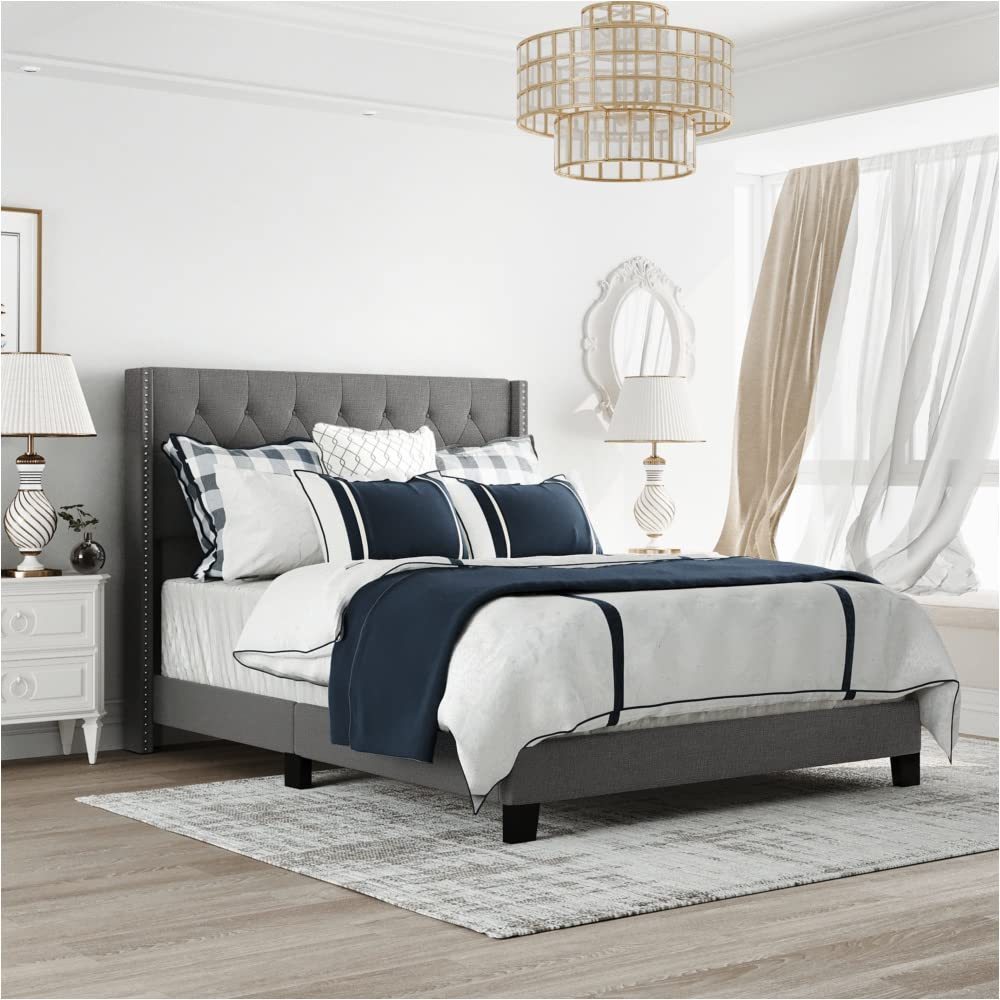 HuaZo Upholstered Platform Bed Frame with Classic Headboard - No Box Spring Needed, Gray Linen Fabric - Perfect for Modern Bedrooms & Guest Rooms