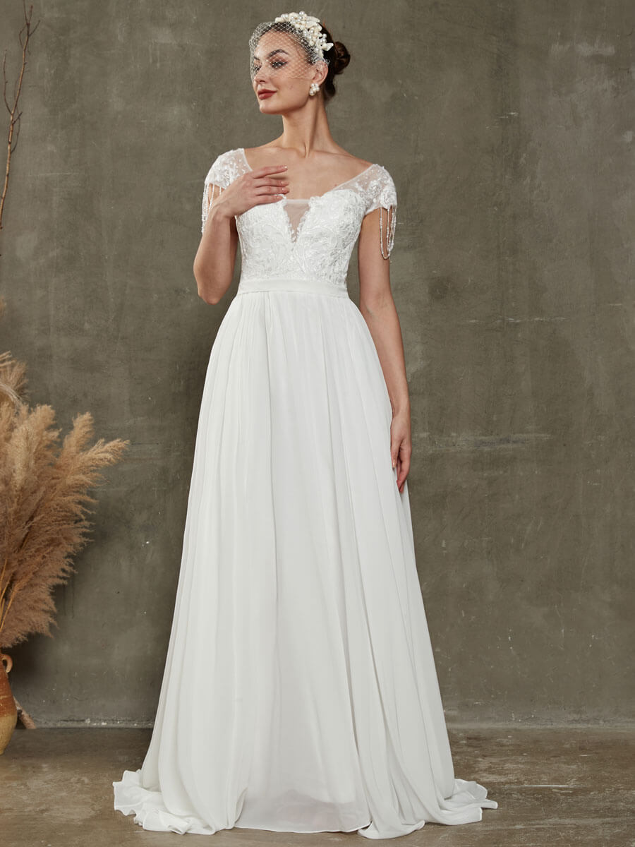 Elegant Chiffon Short Cap Sleeve Wedding Dress with Lace Tassels - Flowy Bridal Gown for Beach, Garden & Outdoor Ceremonies