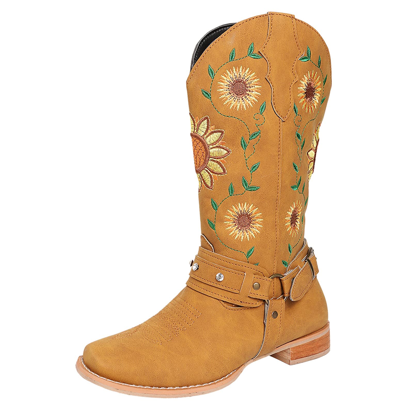 Vintage Western Cowgirl Boots for Women - Wide Calf Square Toe Sunflower Embroidered Boho Retro Riding Boots | Chunky Block Heel Slip-On Short Boots for Fall Winter, Parties & Country Style Outfits