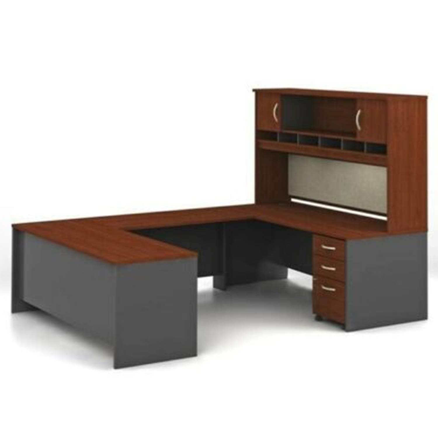 Cherry Wood Executive U-Shaped Desk with Hutch - Computer Study Writing PC Laptop Workstation with Drawers & File Cabinet - Home Office Gaming Corner Desk with Rotating Design for Productivity & Organization