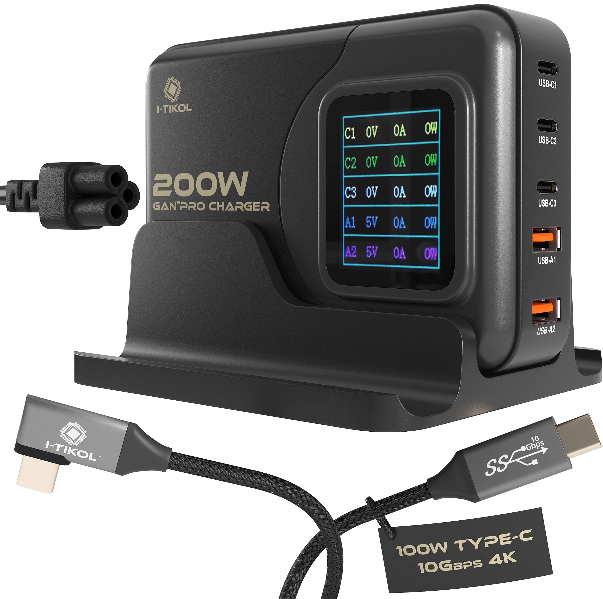 200W GaN USB C Charger with LCD Display - 5-Port Fast Charging Station (3 USB-C & 2 USB-A) - PD Compatible for MacBook, iPad, iPhone, Laptop - Compact Power Adapter for Home, Office & Travel Charging Multiple Devices