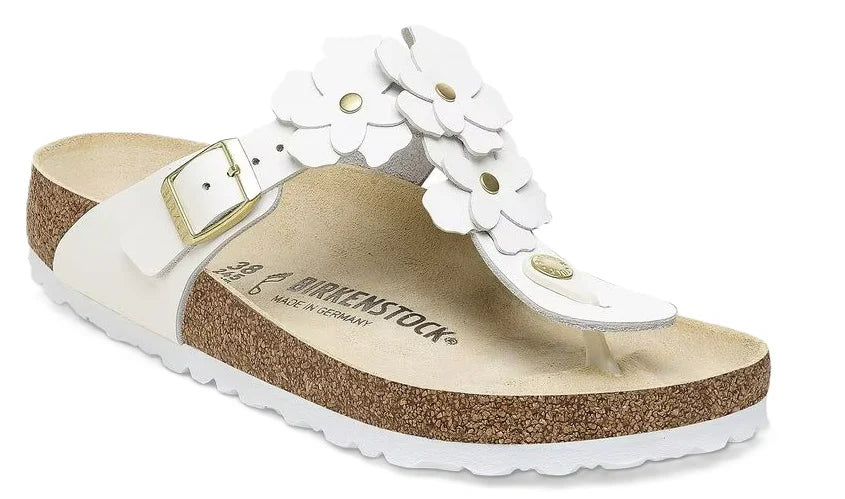 Birkenstock Gizeh Women's Sandals - White Leather with Floral Print | Comfortable Thong Sandals for Summer, Beach, and Casual Wear