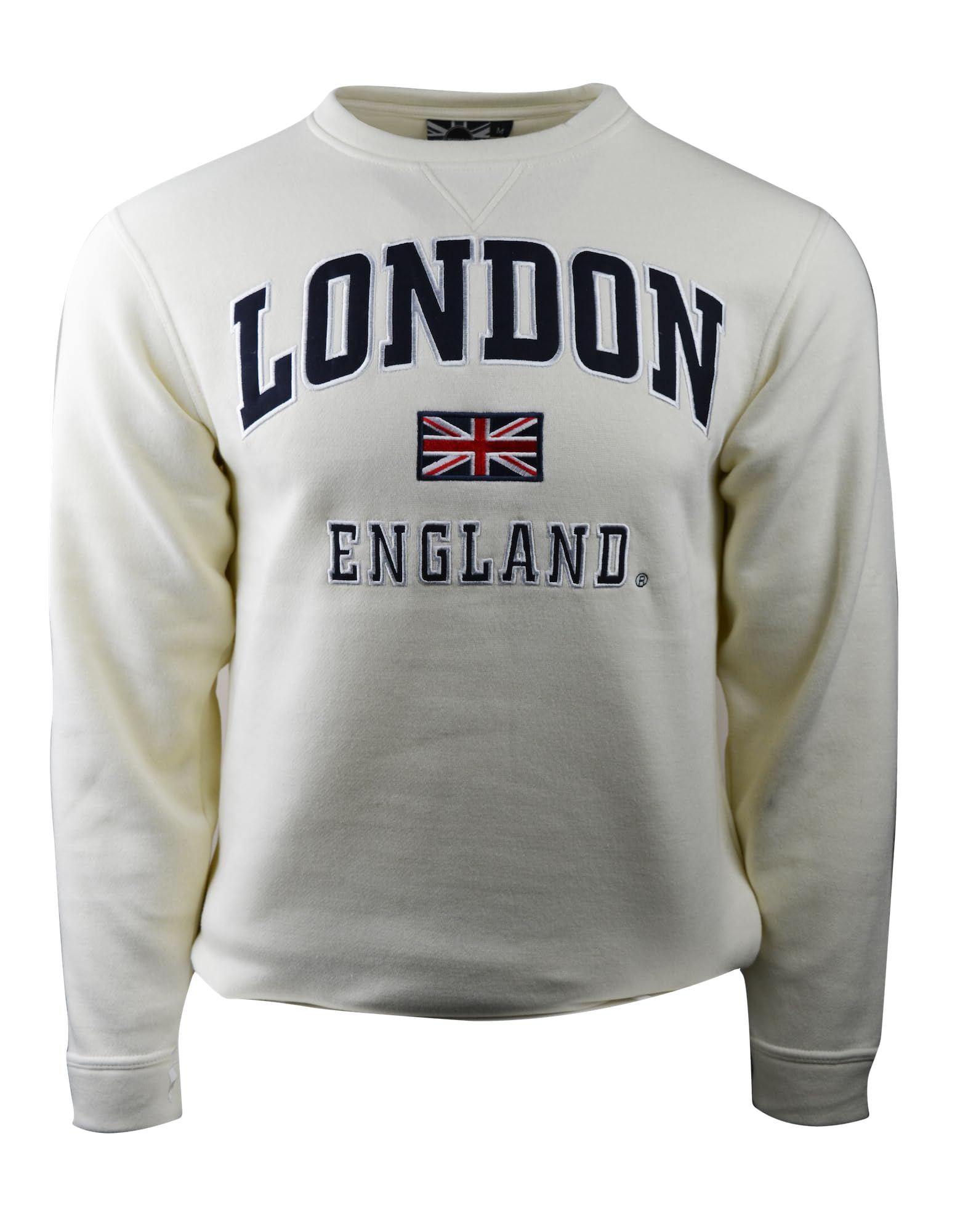 GWCC LE201OWN Unisex London England Applique Embroidery Sweatshirt - Off White with Navy Embroidery - Sizes XS to 4XL - Casual Streetwear & Travel Fashion for Men and Women