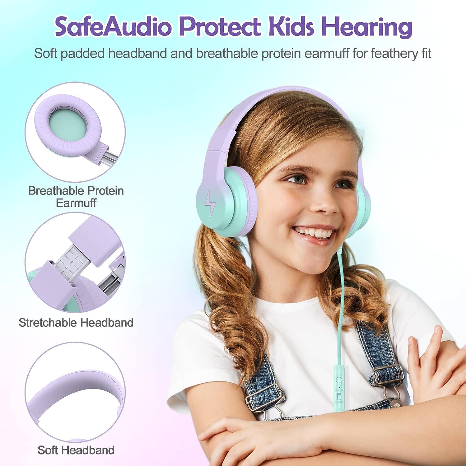 Kids Wired Over-Ear Headphones with Microphone & 85/94dB Volume Limiter - Foldable Gradient Purple Headphones for Girls & Boys - Perfect for Online Learning, Gaming & Travel
