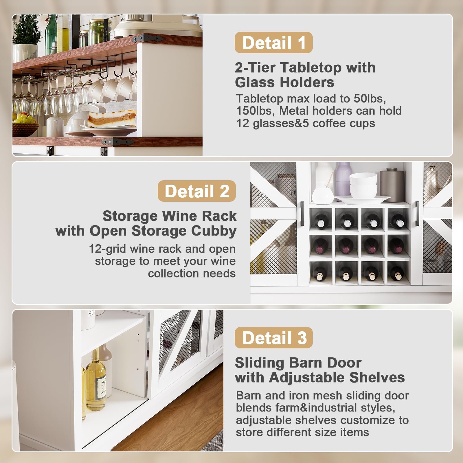 Farmhouse Wine Bar Cabinet with LED Lights - White Liquor & Coffee Bar Cabinet with Sliding Barn Door, Glass Rack & Storage Shelves - Sideboard Buffet Cabinet for Living Room, Dining Room & Home Decor - Perfect for Entertaining Guests & Displaying Glassware
