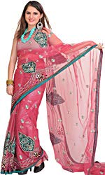 Elegant Pink Rose-Wine Wedding Sari with Embroidered Patches - Perfect for Bridal Shower, Mehendi & Reception Ceremonies